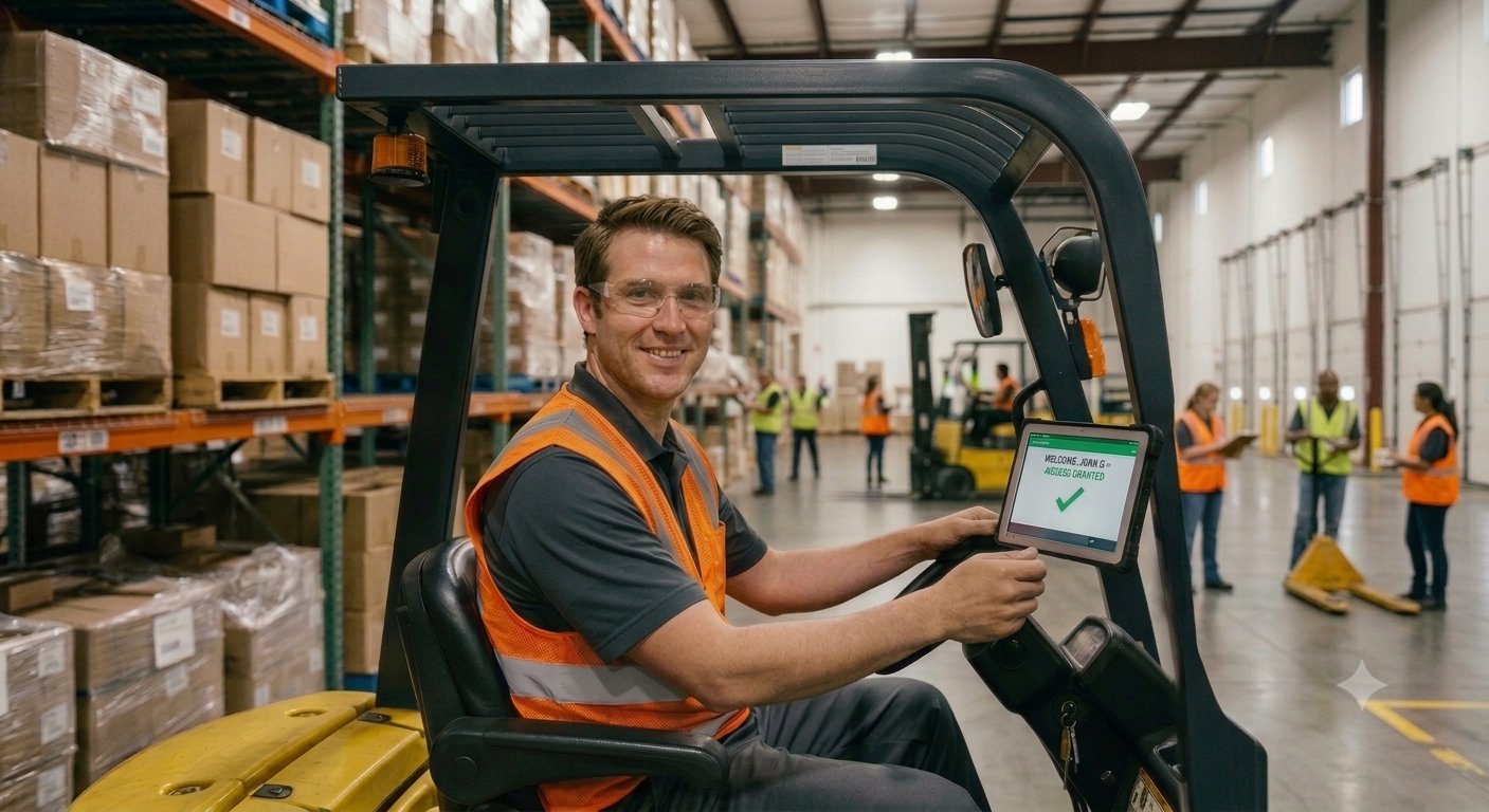 A smiling forklift driver logged into the mounted tablet on his forklift, warehouse team working behind him